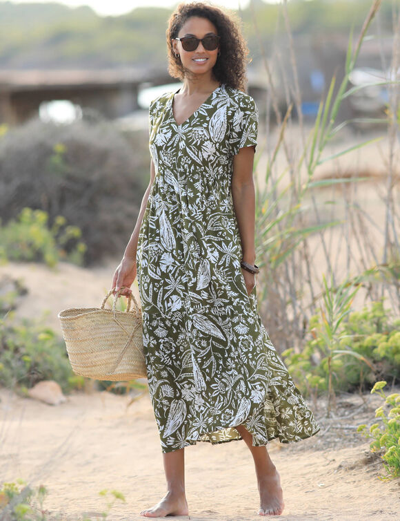 Robe longue imprimée col V, crépon (kaki / blanc) Robe longue imprimée col V, crépon (kaki / blanc)